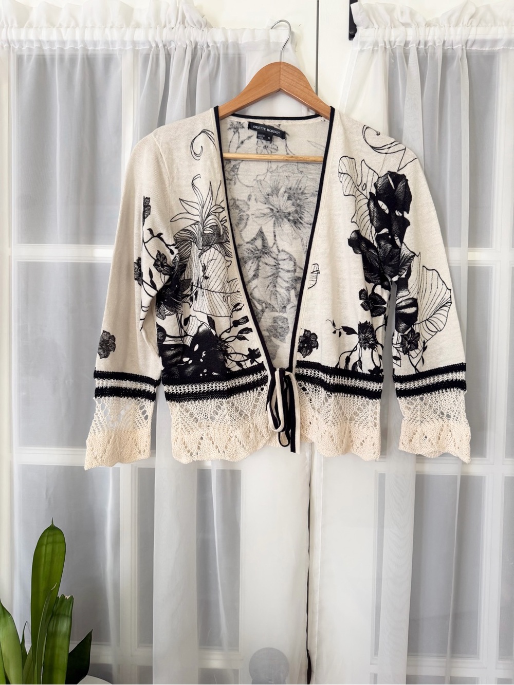 Colette Mordo Linen blend Floral Open Tie Front Crochet Cardigan Medium